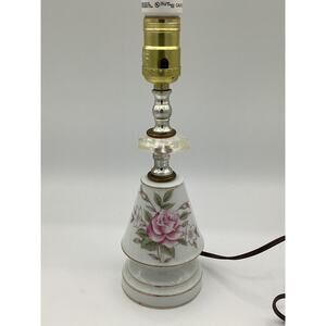 Vintage small PORCELAIN LAMP with PINK ROSES & FLOWERS on white. 13” H